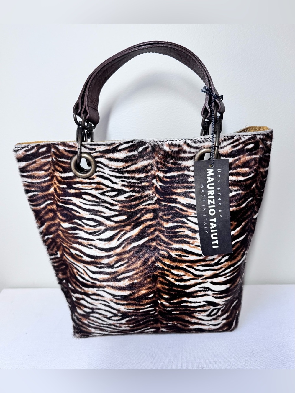 Maurizio Taiuti Genuine Leather hair calf tiger print tote.. Made in Italy